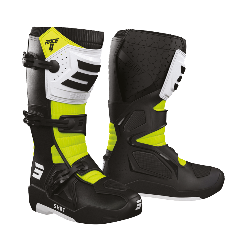 Bottes SHOT 2026 Race 4 Noir Blanc Jaune Fluo Bottes SHOT 2026 Race 4 Noir Blanc Jaune Fluo